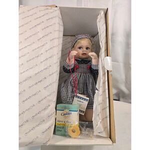 Vintage Porcelain Baby Doll Blue Eyes Blonde Hair Checkered Romper Navy White